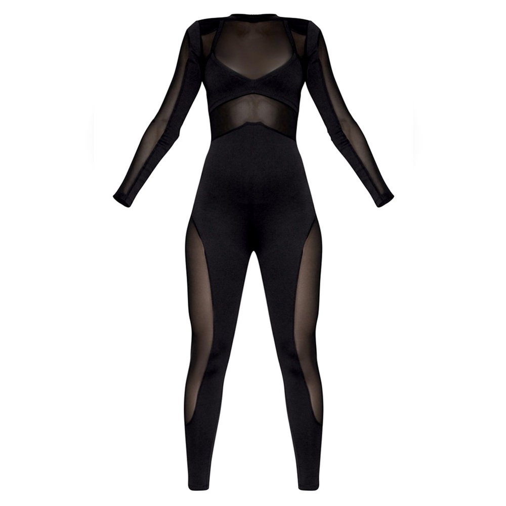 Black Long Sleeve Mesh Panelled Jumpsuit (Size 4)